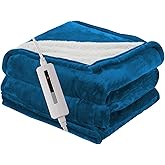 RALYSUN Electric Blanket Twin Size 62" x 84", Thickened Flannel and Sherpa Heated Blanket,10 Hours Timer Auto-Off,5 Heating Levels, Machine Washable, Lake Blue&White
