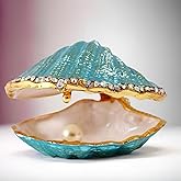 SEVENBEES Seashell Trinket Box with Pearl for Women Girls - Hand Painted Enamel Shell Jewelry Box with Crystals, Hinged Zinc Alloy Ring Holder & Collectible Figurine Valentine Decor Gifts