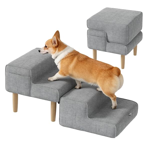 PAKALIFE DOG RAMP OTTOMAN,2-IN-1 DOG STEPS FOR BED&COUCH,FOLDABLE SOLID WOOD PET RAMPS&DOG STAIRS FOR SMALL, SENIOR DOGS & OLD CATS TO GET ON BED,WASHABLE COVER,135LB CAPACITY