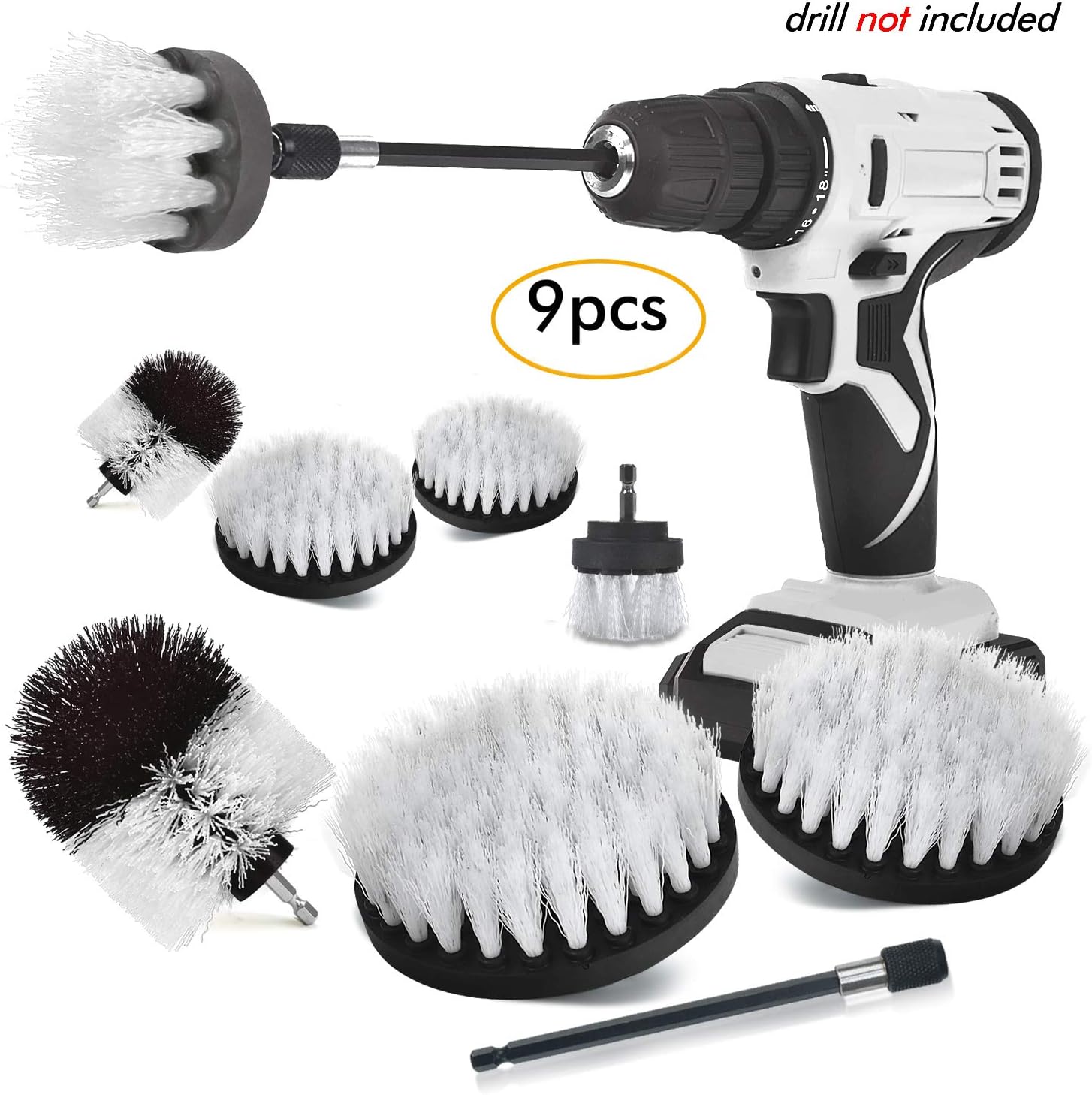 Shieldpro Drill Brush Attachment Set,Power Cleaning Scrub Brush,All Purpose Drill Brushes With Extend Long Attachment For Bathroom And Kitchen Surface,Grout,Tub,Shower,Tile,Corners, Automotive-White