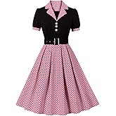 ODIZLI Women's 1950s Retro Dress Short Sleeve Notched Lapel Polka Dot Stripe Swing Dress with Belt Cocktail Dress