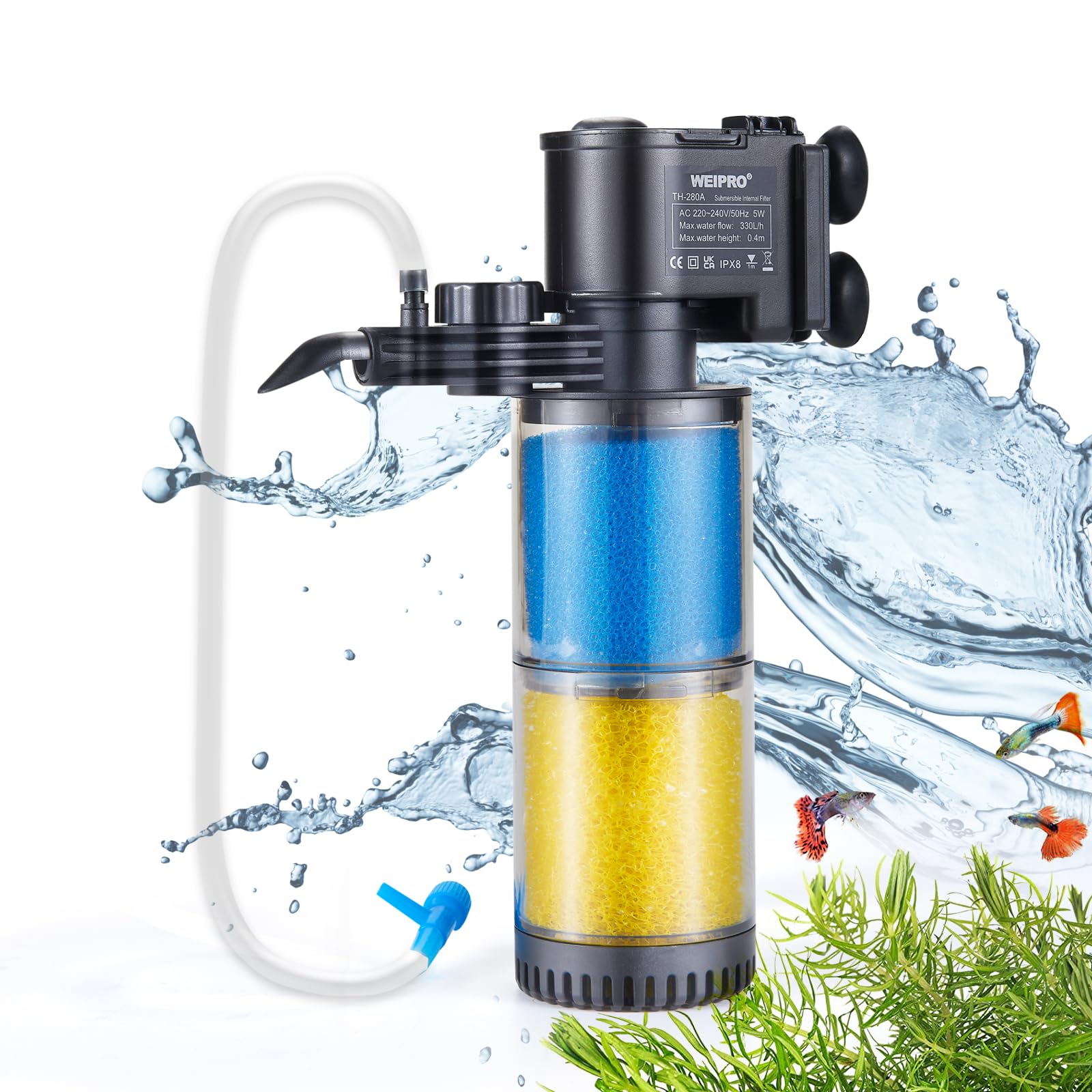 Weipro Internal Fish Tank Filter, 2-Stage Biochemical Sponge Filtration, 5W Adjustable Water Flow Submersible Aquarium Filter Pump for 30l ~ 80l Freshwater Saltwater, TH280A(330L/H) — image 1