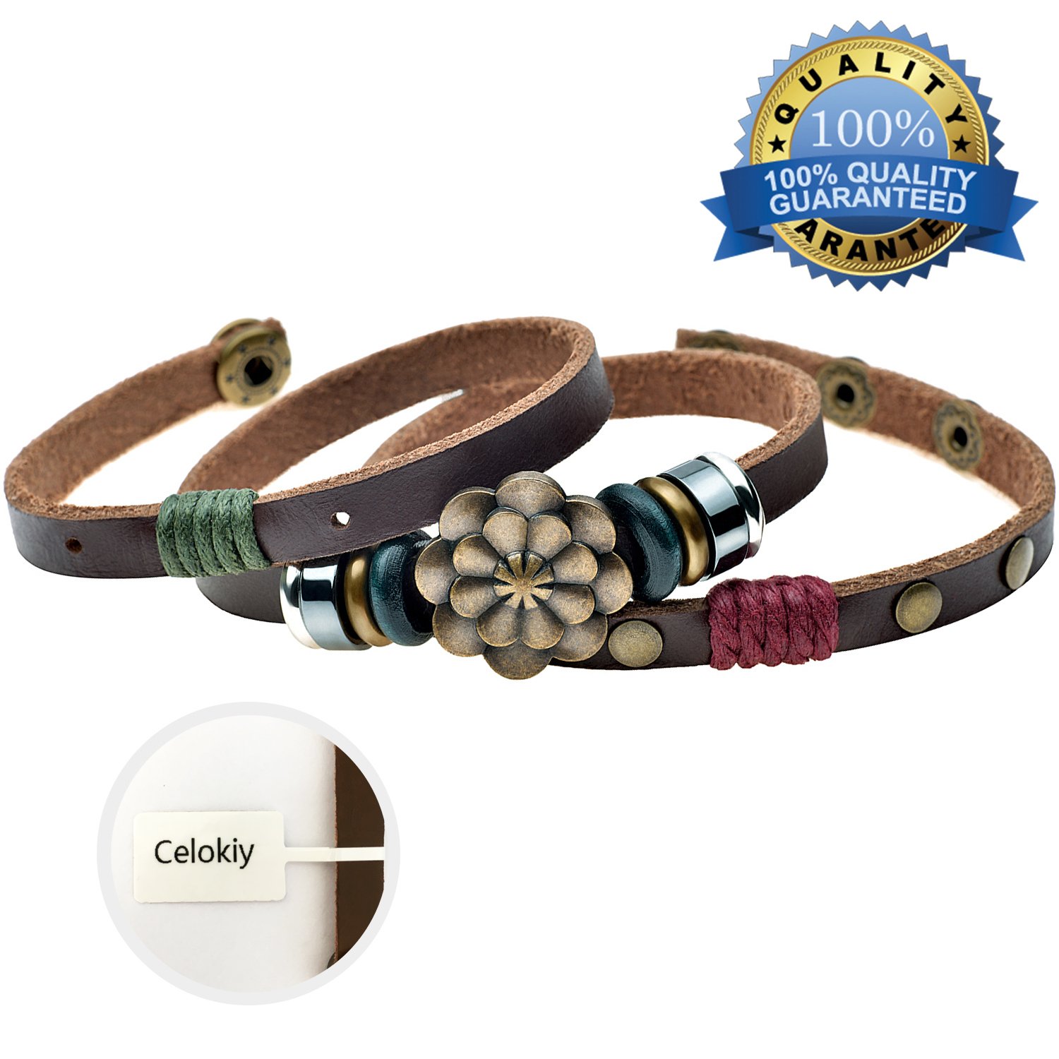 Celokiy Multilayer Leather Personality Hematite Lucky Lotus Flower Snap Button Wrap Bracelet