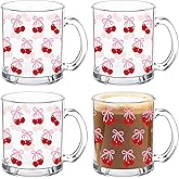 Whaline 4Pcs Pink Bow Cherry Glass Coffee Mugs with Handle Coquette Bowknot Aesthetic Coffee Cups Beverage Mugs for Hot Cold Drinks Water Tea Milk