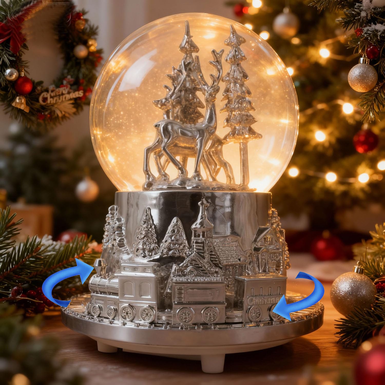 Hpoeude Musical LED Light Up Snow Globe with Rotating Train, Winter White Deer Christmas Decor, 7 Inch Height Cool Water Globe, Valentine's Day Gift for Women Adults