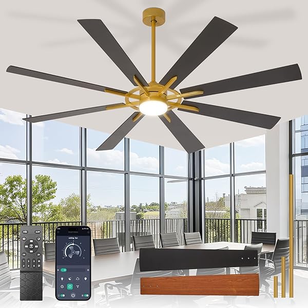 BVENUBIGLITE LARGE CEILING FANS WITH LIGHTS: MODERN 72 INCH 8 BLADE OUTDOOR CEILING FAN WITH REMOTE APP CONTROL – DIMMABLE BLACK GOLD BIG FAN LIGHT INDOOR REVERSIBLE 6 SPEED QUIET DC MOTOR