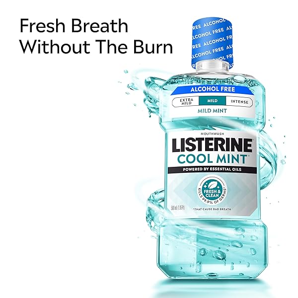LISTERINE COOL MINT ALCOHOL-FREE MILD MOUTHWASH, ORAL RINSE KILLS 99.9% OF GERMS THAT CAUSE BAD BREATH, LESS INTENSE TASTE, MILD MINT FLAVOR, 1 L