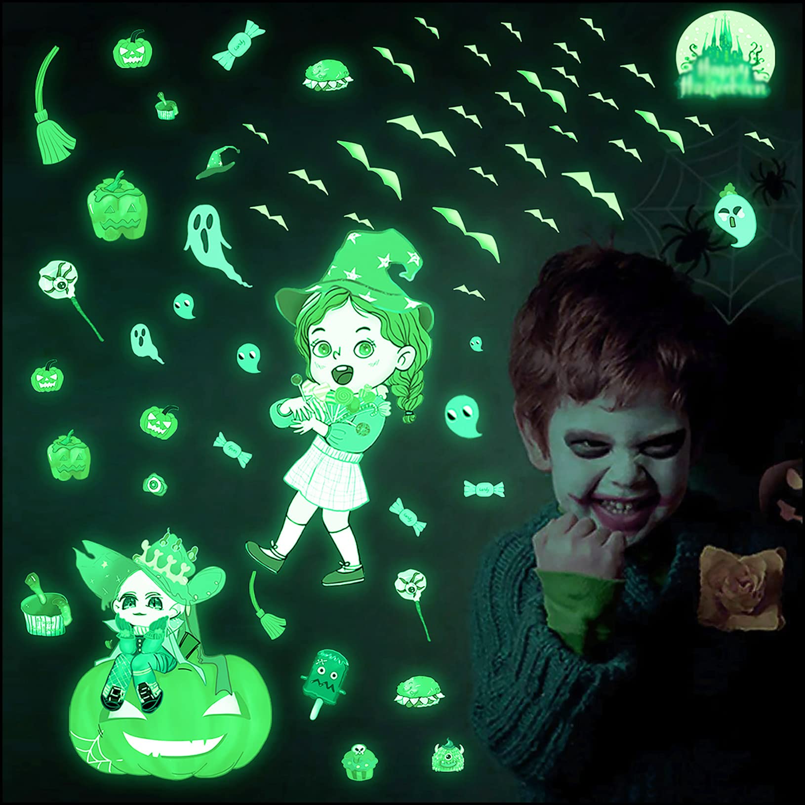 MESU Luminous Halloween Witch Wall Stickers Glow in The Dark Cartoon Girl Decals Pumpkin Ceiling Room Decor for Kids Room Witch