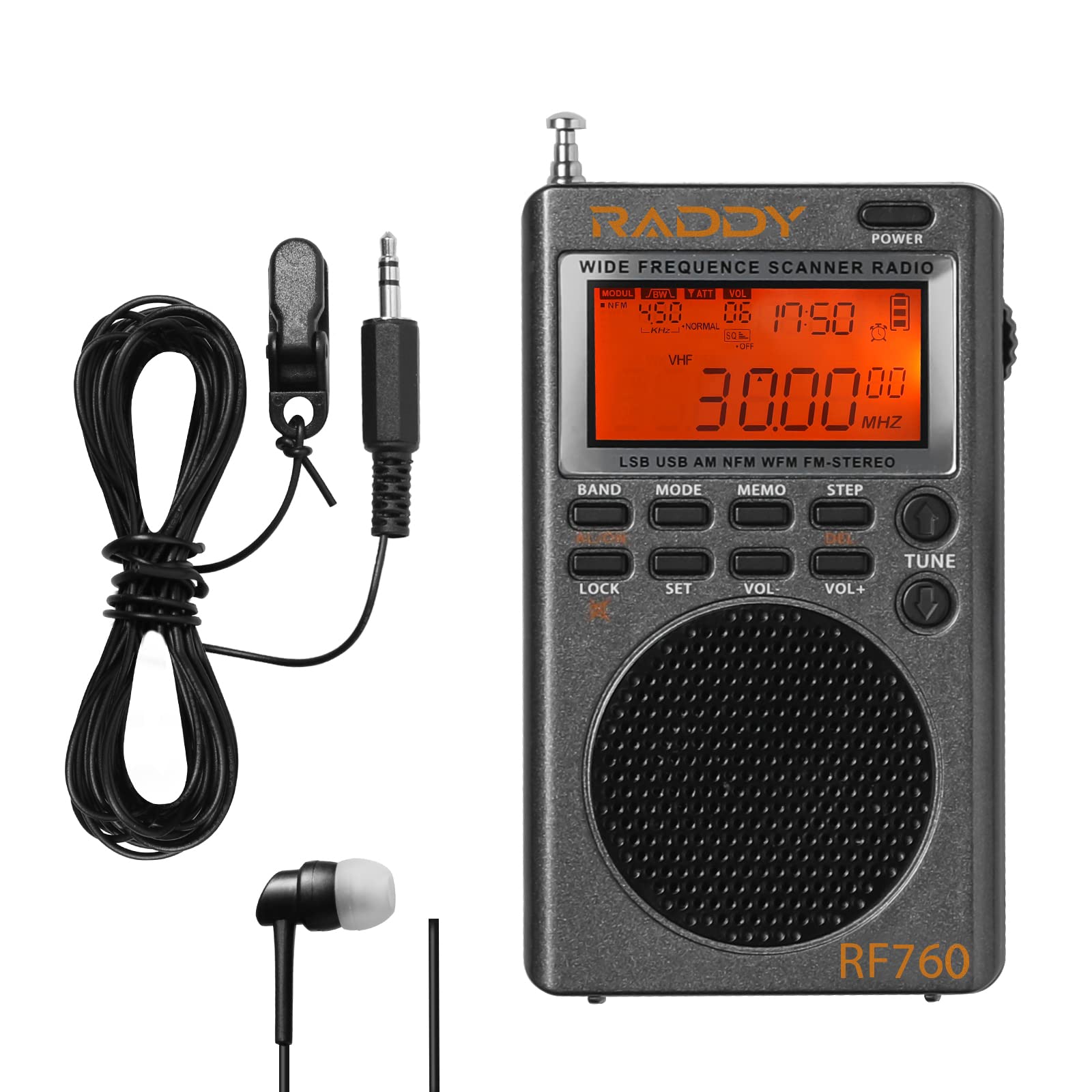 Raddy RF760 Broadband Shortwave Radio, Multiband Radio FM/AM/SW/CB/VHF(UHF)/WX/Air, Rechargeable Digital Radio with Headphone Jack, 3m Wire Antenna