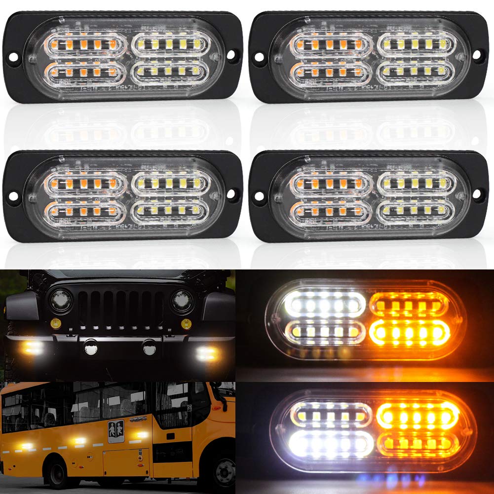 Biqing 4 Pcs Newest Upgrade 4D Emergency Warning Strobe Lights,20LED Hazard Flashing Side Light Orange & White Marker Indicators Stop Lamp Waterproof 60W 12V/24V for Car Truck Trailer Caravan