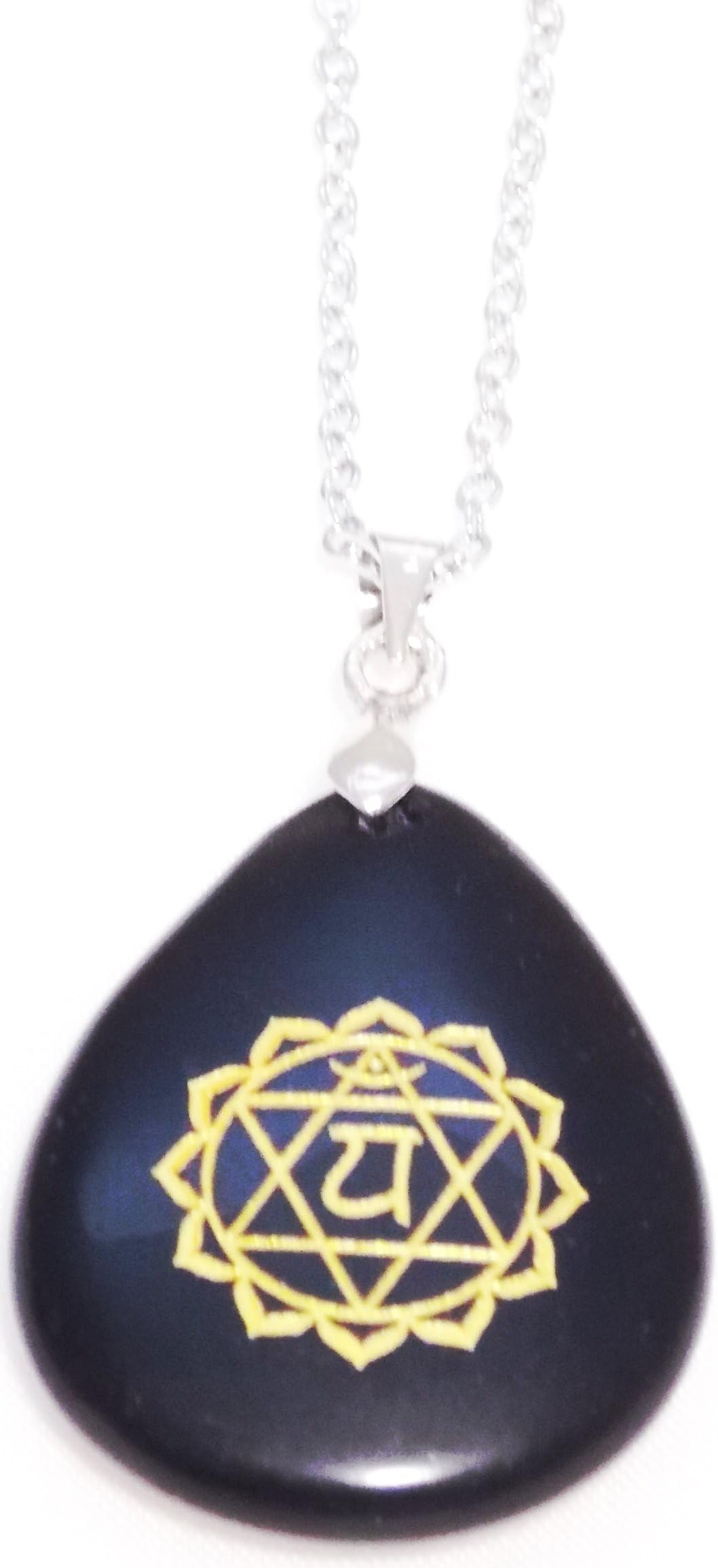 Black Stone Chakra Pendant - Engraved Chakra Symbol - Chain Necklace