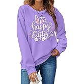 hohololo Women Happy Easter Sweatshirt Bunny Rabbit Graphic Shirt Cute Letter Printed Long Sleeve Pullover