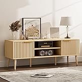 LCRBOL TV Stand for Living Room, Boho Entertainment Center for 55/60 inch TVs, Media Console with Fluted Door Cabinets and Open Shelves, for Bedroom, Oak