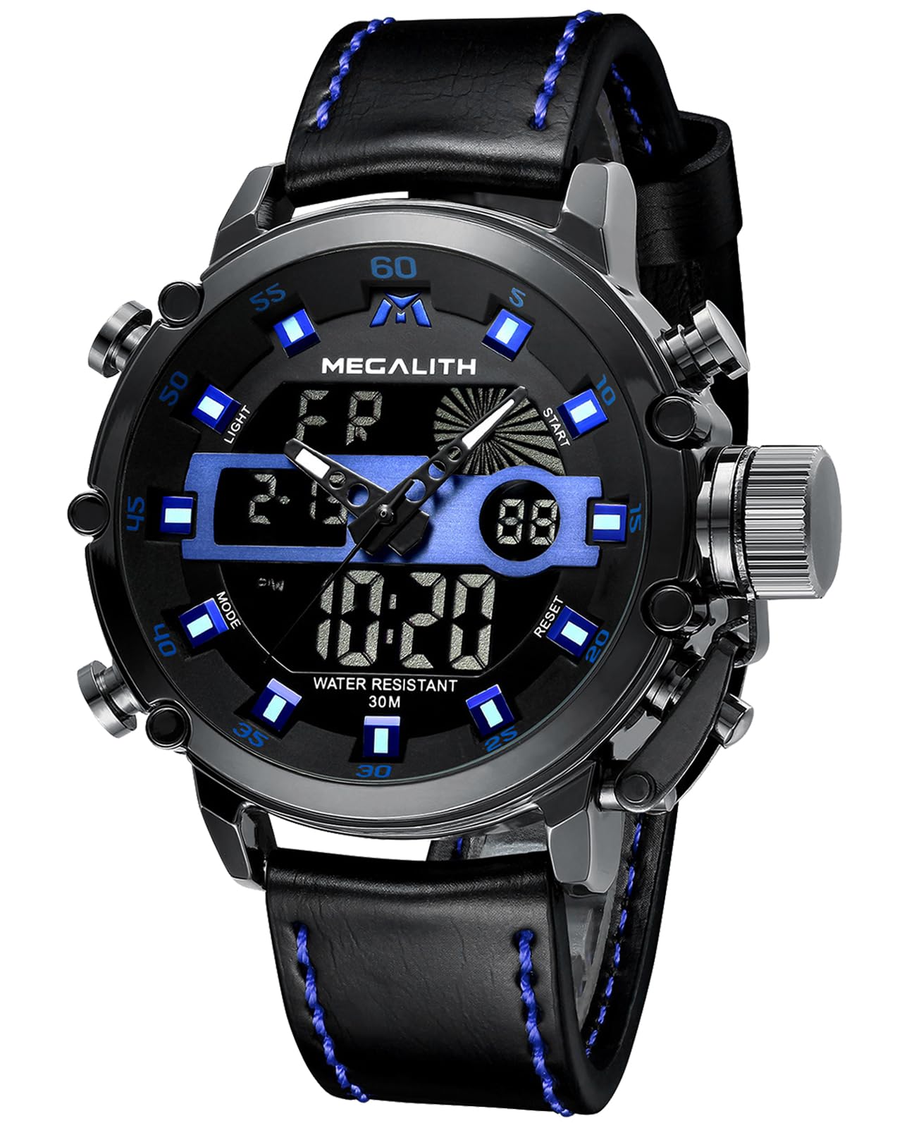 MEGALITH Digital Mens Watches Military: Sports Watches for Men Waterproof Stopwatch Alarm - Tactical Heavy Duty Wrist Watch Black Leather Strap — image 1