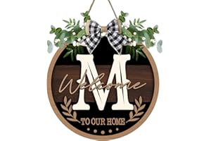 Bolisom Monogram Letter M Front Door Sign, Welcome to Our Home Family Last Name Initial Wooden Hanger Decor Housewarming Wedding Gifts, Farmhouse Rustic Wreath Indoor Wall Hanging Decoration with Bow