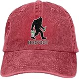 KIXYOUHUUUTWJLTL Denim Cap Washed Sasquatch Bigfoot with Beer Baseball Dad Cap Classic Adjustable Sports for Men Women Hat, Red, One Size