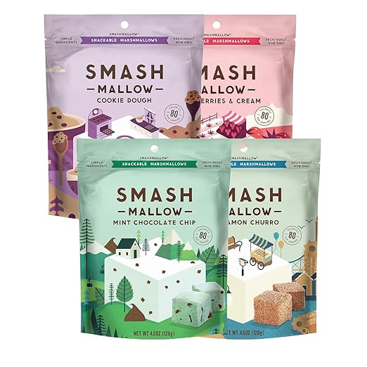S'more Better Variety by SMASHMALLOW | Snackable Marshmallows | Cinnamon Churro, Mint Chocolate Chip, Cookie Dough, Strawberries & Cream | Non-GMO, Organic Cane Sugar, Gluten-free | Pack of 4