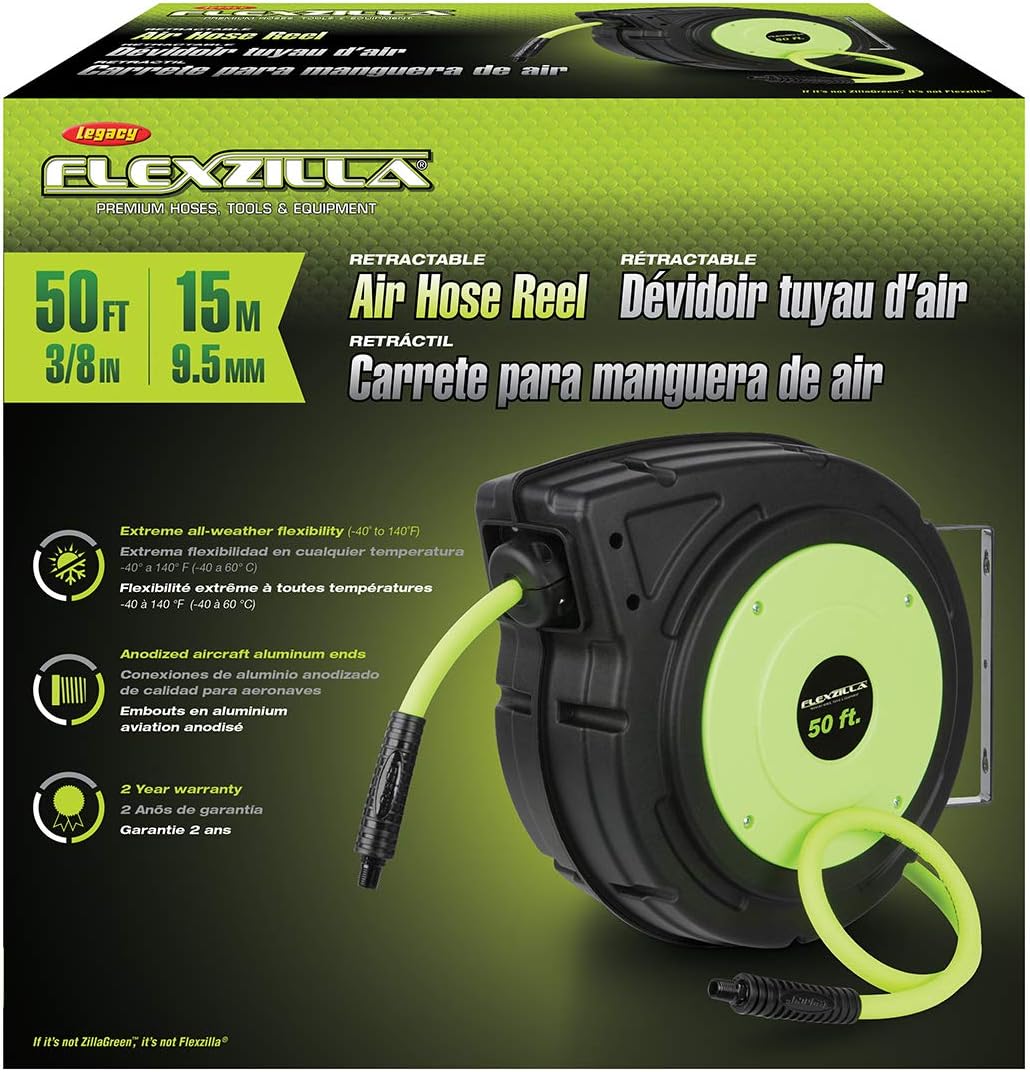 Flexzilla Retractable Enclosed Plastic Air Hose Reel, 3/8 in. x 50 ft, Heavy Duty, Lightweight, Hybrid, ZillaGreen - L8250FZ: Automotive