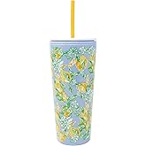 Lilly Pulitzer Double Wall Tumbler with Lid and Reusable Straw, White Plastic Cup, Insulated Travel Cup Holds 24 Ounces, Make Lemonade