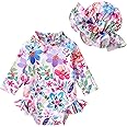 Infant Baby Girl Swimsuit One-Piece Long Sleeve Rash Guard with Hat Set Floral Zipper Bathing Suit Leopard Beach Wear