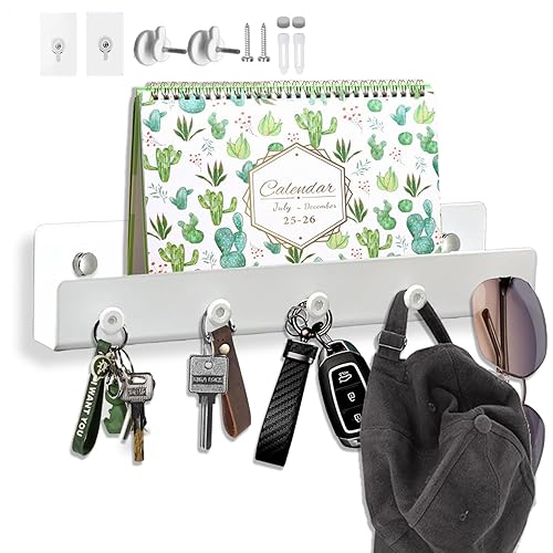 Echehi 5 Hooks Metal Key Holder with Shelf, 3 Way Mounting, Space-Saving Design for Home & Office. White