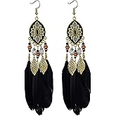 Dreuyet Boho Long Feather Drop Dangle Earrings for Women Retro Bohemian Ethnic Fringe Multicolor Tassel Feather Earring Handmade Statement Dream Catcher Earrings Jewelry