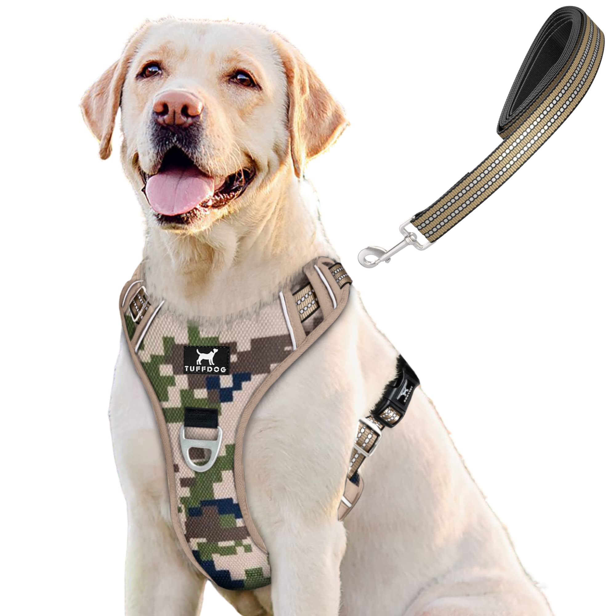 TUFFDOG Easy-Fit Dog Harness - Fast Release Neck Clip, Premium Padded Reflective No Pull Harness with Control Handle. Adjustable Step-in Dog Vest Plus Free Matching Lead (XL, Desert Camo)