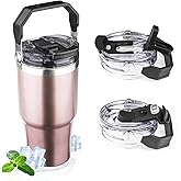 20oz Tumbler with Handle and Flip Straw Lid Double Wall Insulated Travel Coffee Mug Stainless Steel Vacuum Insulated Coffee Tumbler Cup for Hot and Cold Beverages Leak-proof&BPA-free（20oz,Rose gold）