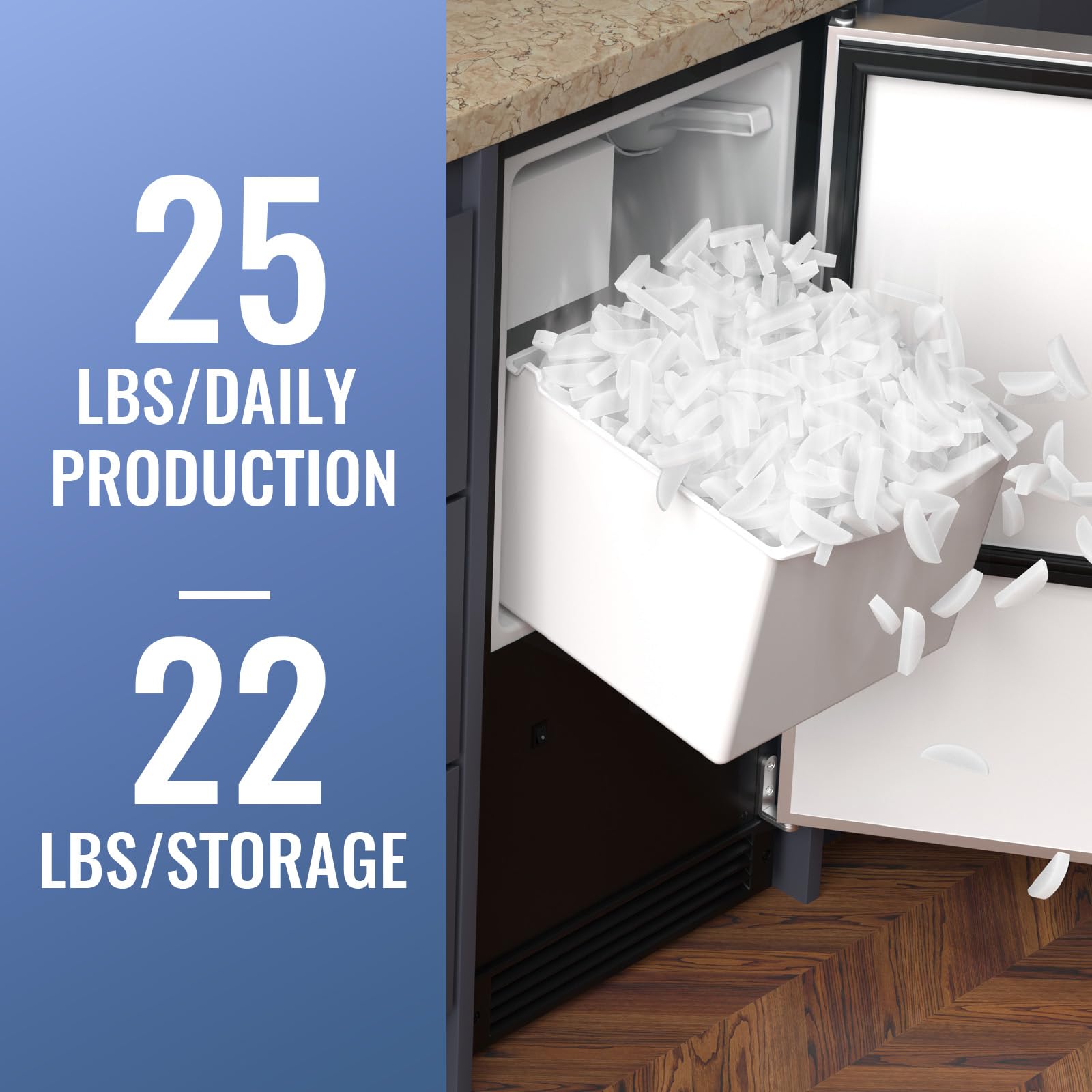 IECIVC Under Counter Crescent Ice Maker Machine, 15'' W Drainless Built-in Ice Maker, 25 LBS/Day with 22 LBS Storage Bin, Perfect for Commercial Home Bar, No Drain