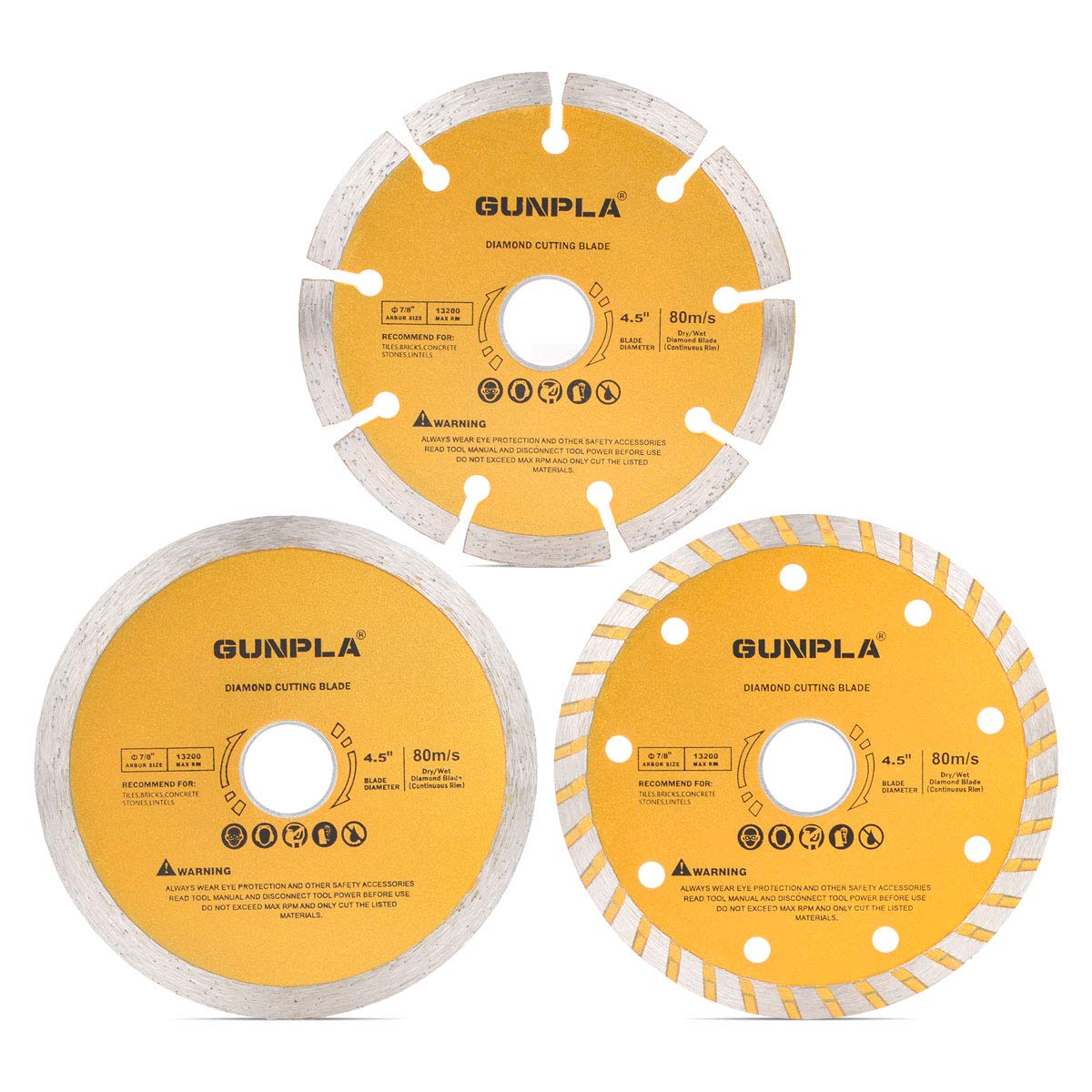 Gunpla 3 Pieces 115mm Diamond Blade Continuous Segmented Turbo Rim Dry Wet Circular Saw 4.5 inch Angle Grinder Disc 7/8 inch Arbor 22.2mm with Reducing Ring 20mm for Tile Masonry
