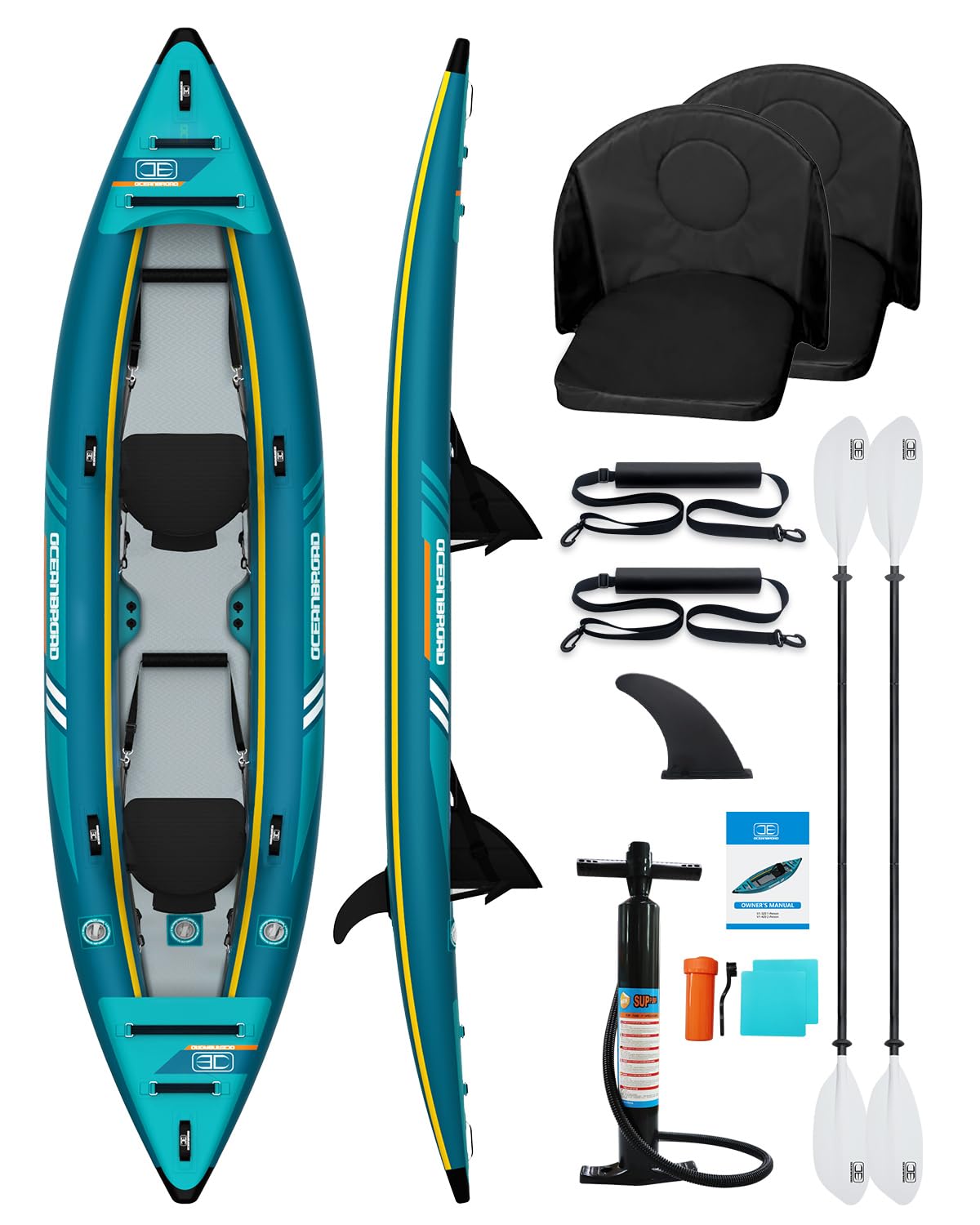 Photo 1 of OCEANBROAD V1-420 Inflatable Sit-in Kayak for Adults with Paddle, Kayak Seat, Pedal, Hand Pump and Bag, 4.2m/13ft 2-Person Kayak, Blue