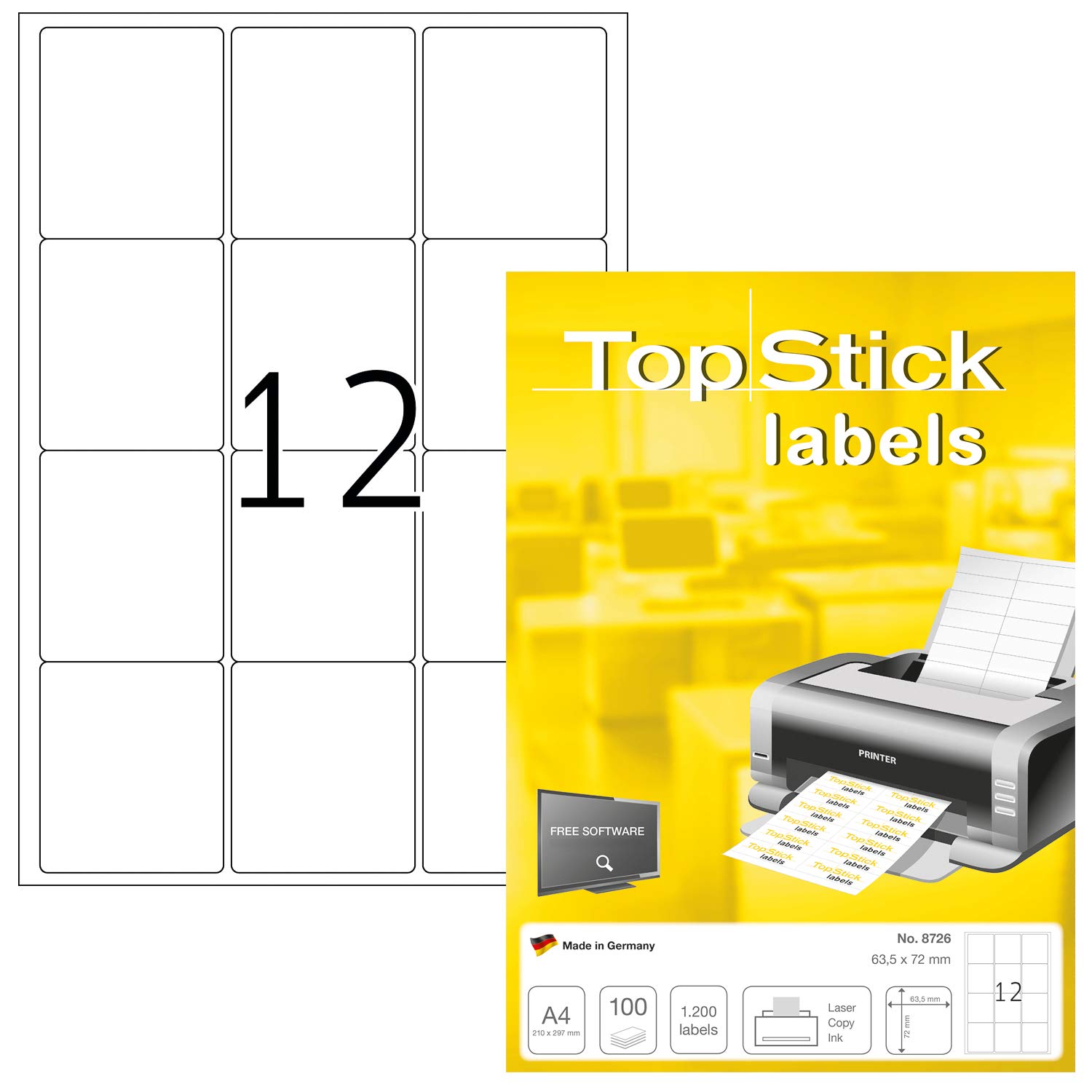 TopStick 8726 Multi-Purpose Labels, 12 Labels Per A4 Sheet, 63.5 x 72 mm, 1200 Labels, Self Adhesive, Stickers for Laser and Inkjet Printers, White
