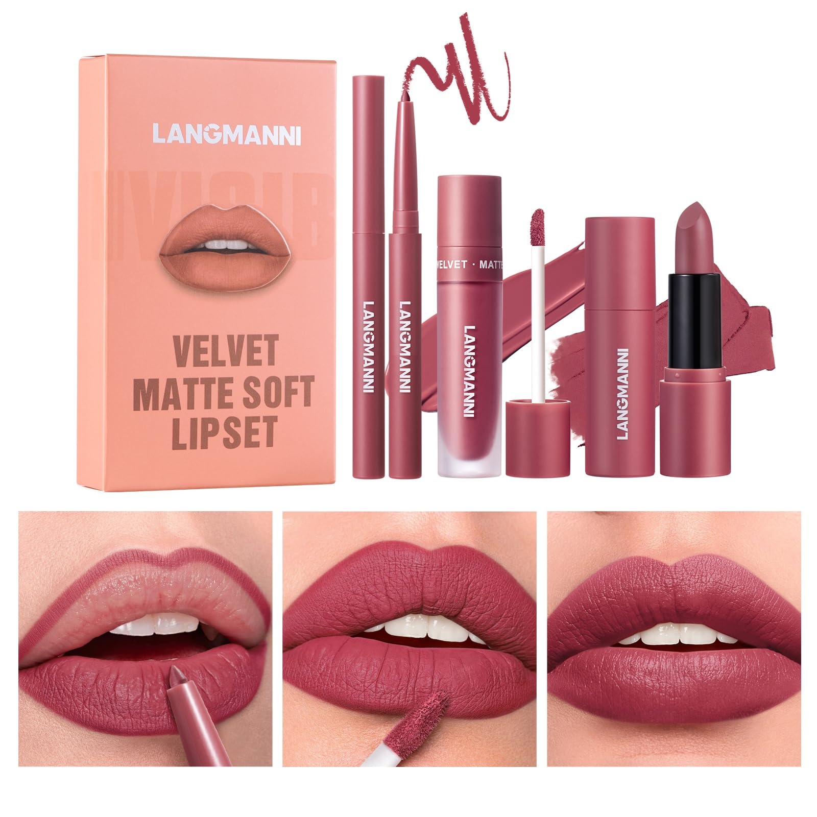 3PCS Matte Liquid Lipstick Lip Gloss & Liner Set - All-IN-One Lip Kit, Velvety Nude Color, Waterproof Make Up Set (# 05)