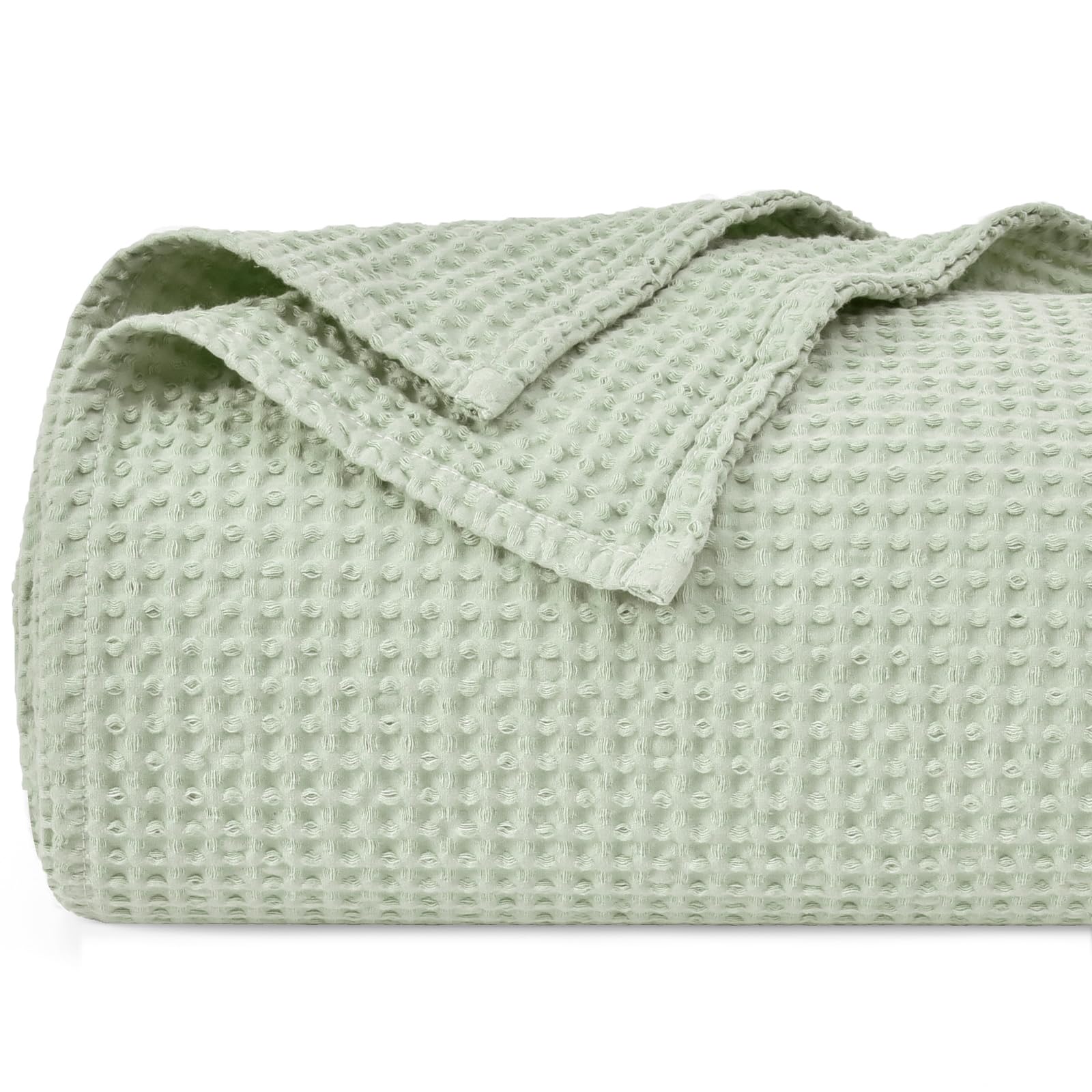 PHF 100% Cotton Waffle Weave Blanket SuperKing Size 230 x 270cm, Pre-Washed Lightweight Breathable Throw Blanket, Oeko-TEX Certified for Bed Couch Sofa, Home Decor, Sage Green