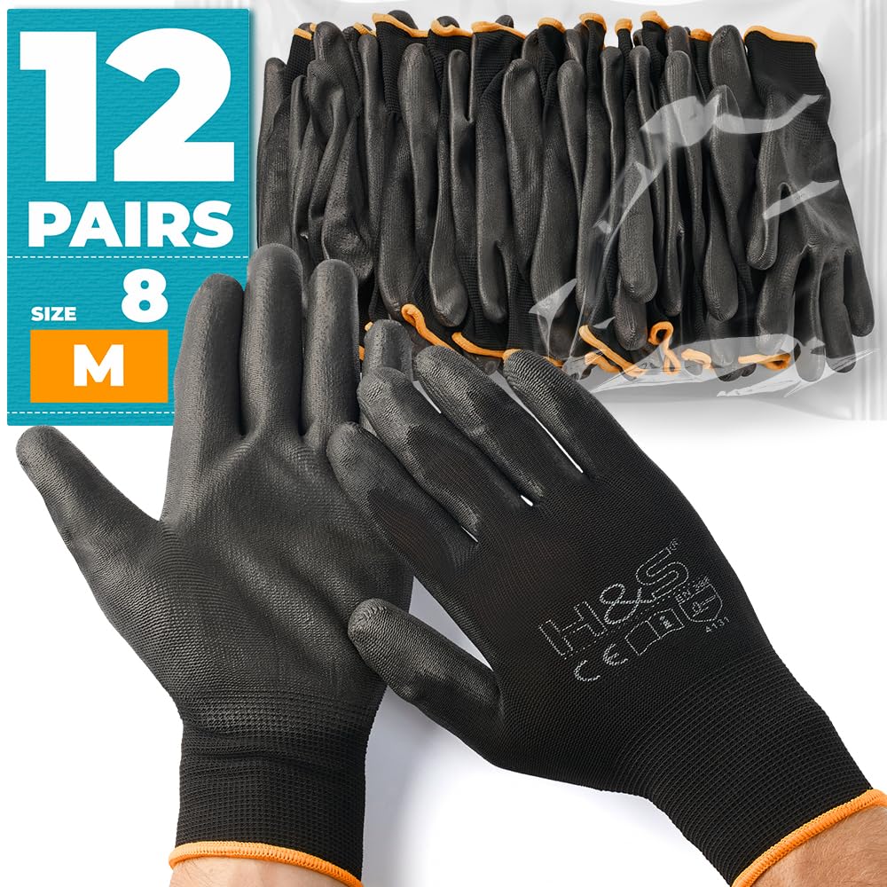 12 Pairs of Work Gloves M (8) Nylon PU coated CAT II available XS extra-small (6),S small (7), M medium (8), L large (9), XL x-large (10), XXL xx.large (11) seamless multi-purpose black colour coded