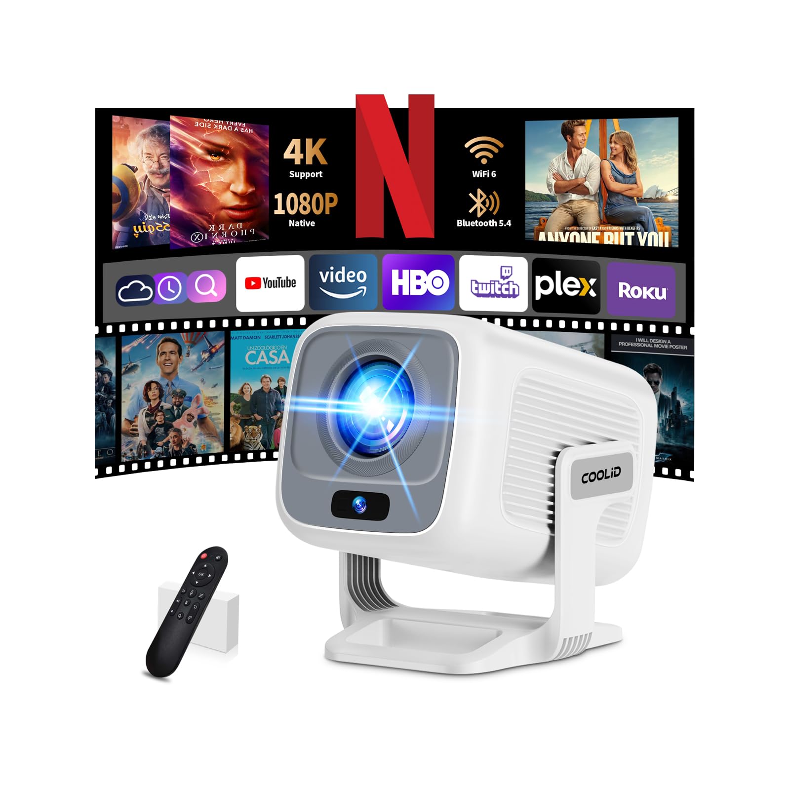 Photo 1 of [Auto Focus & 2026 Upgraded] Mini Projector 1080P FHD Support 4K Portable Projector with WiFi6 and Bluetooth5.4 Built-in App 180° Adjustable Auto Keystone, Compatible with HDMI/Laptop/USB, White