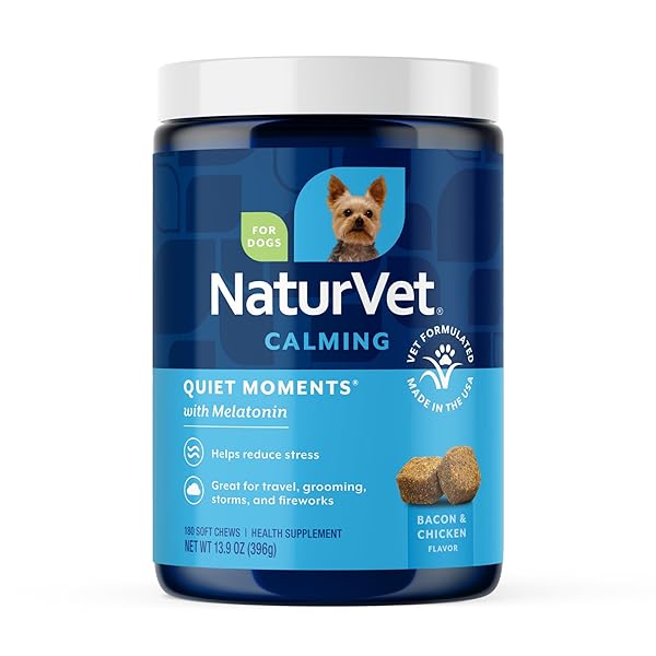 NATURVET QUIET MOMENTS CALMING DOG SUPPLEMENT, DOG SOFT CHEWS WITH MELATONIN TO HELP REDUCE STRESS FROM STORMS, THE VET, FIREWORKS, AND TRAVEL, BACON AND CHICKEN FLAVORED PET SUPPLEMENT, 180 COUNT JAR