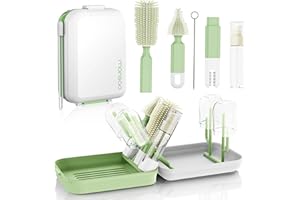 Baby Bottle Brush Set with Drying Rack, Portable Silicone Bottle Cleaner Kit for Bottles, Nipples and Straws, Travel Storage 