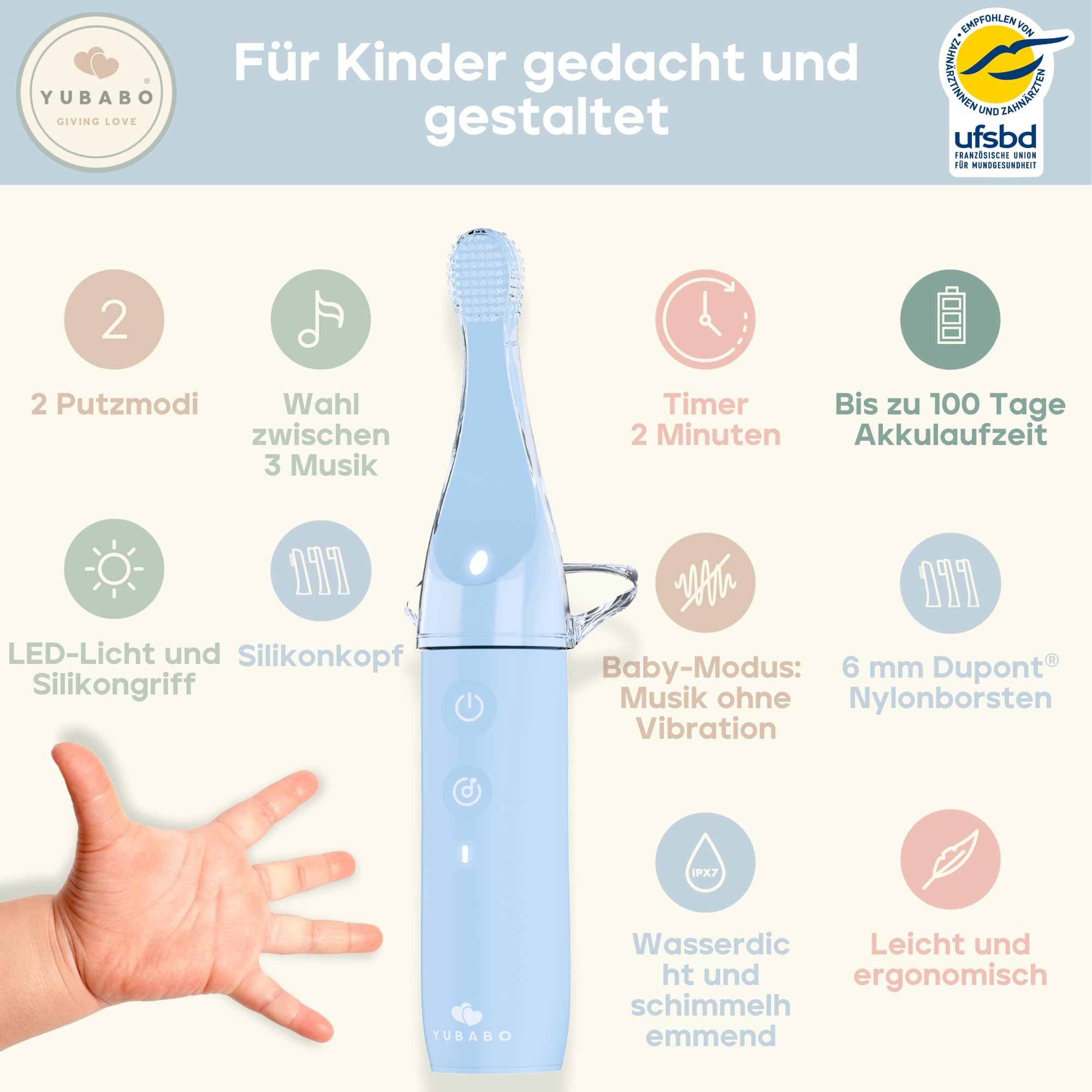 YUBABO – Elektrische Kinderzahnbürste mit Musik und Baby-Modus – 2 Schallmodi – 100 Tage Akkulaufzeit – 2-Minuten-Timer – 101 Aufkleber – Von Zahnärzten empfohlen – 1 bis 3 Jahre – Blau 4