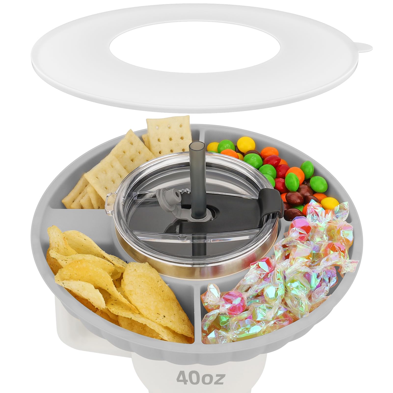 Musiwanna Snack Tray with Lid for Stanley Cup 40oz/1.18L, ONLY for 40OZ, Snack Plate Compatible with 40oz Tumbler, Silicone SnackBowl with 4 Compartments, SnackStorage Top Ring (Grey)