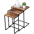 Nouva Modern Nesting Coffee Table, Set of 3 Square Stacking Accent Table End Table C-Shape with Metal Frame for Living Room Bedroom, Rustic Brown