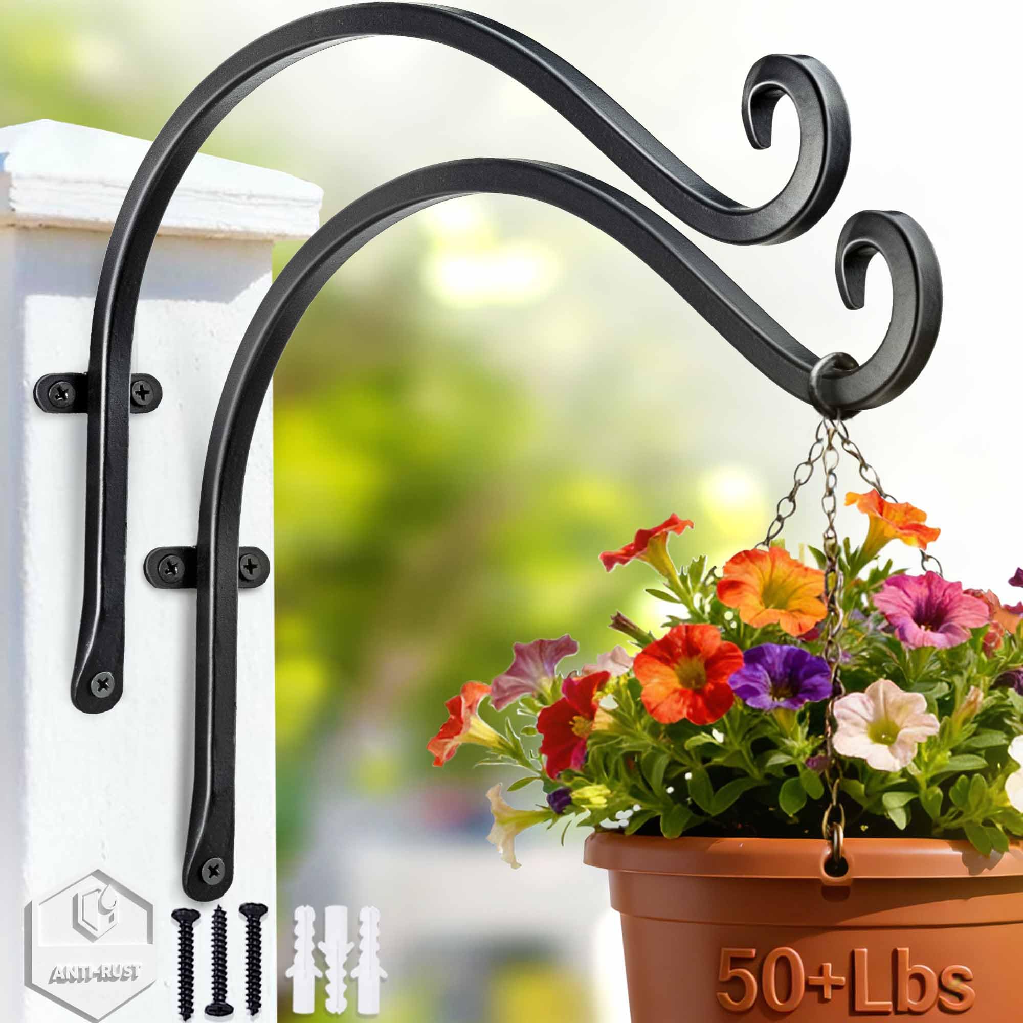 AJART Hanging Basket Bracket (12 Inch/2pcs) Hand-forged Wall Hanging Basket Hooks Outdoor for Flower Basket Bird Feeder and Plants, Black