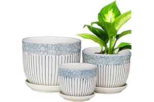 Hlukana Ceramic Plant Pots Set of 3, 6.75/5.6/4.2 inch Planters with Drainage Holes and Saucer, Flower Pot Outdoor Indoor, Modern Decorative Planters for House Plants Garden Planters Succulent Pots