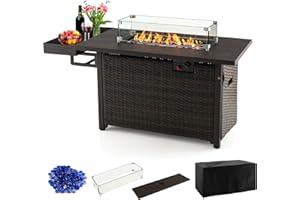 Giantex 52" Outdoor Propane Fire Pit - 50,000 BTU Wicker Patio Gas Fire Table w/Lid, Waterproof Cover, Tempered Glass Wind Guard & Blue Fire Stone, PE Rattan Firepit Table w/Storage Shelf (Brown)