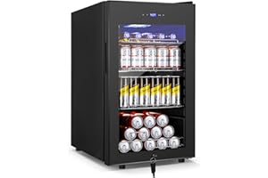 VELIVI 17Inch Beverage Refrigerator and Cooler Freestanding, 96 Cans Mini Fridge with glass door and Lock, Small Drink Fridge for Soda, Beer, Wine, For Home Bar Office with LED Light