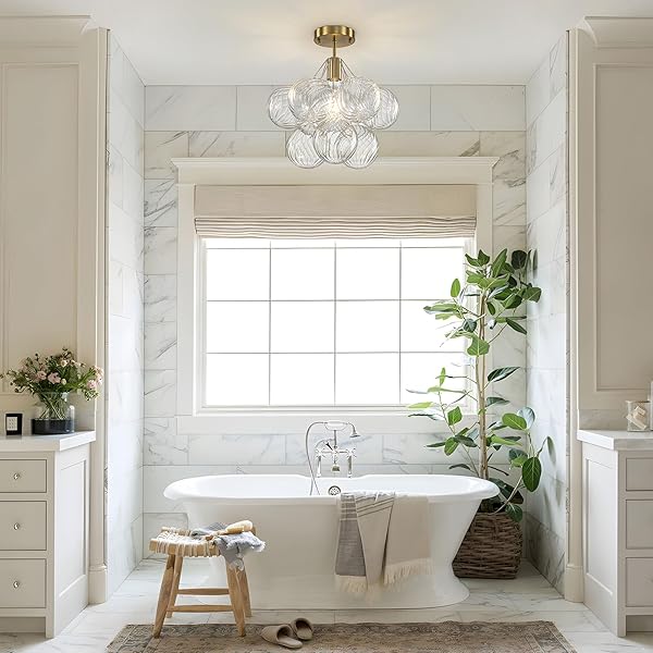SEMI FLUSH MOUNT CHANDELIER GOLD-SPECIAL BUBBLE FLUSH MOUNT CEILING LIGHT 14.17″ MODERN MID CENTURY CEILING LIGHT FIXTURES WITH 9 CLEAR SWIRLED GLASS BALL FOR BEDROOM FOYER KITCHEN, INCLUDE E26 BLUB