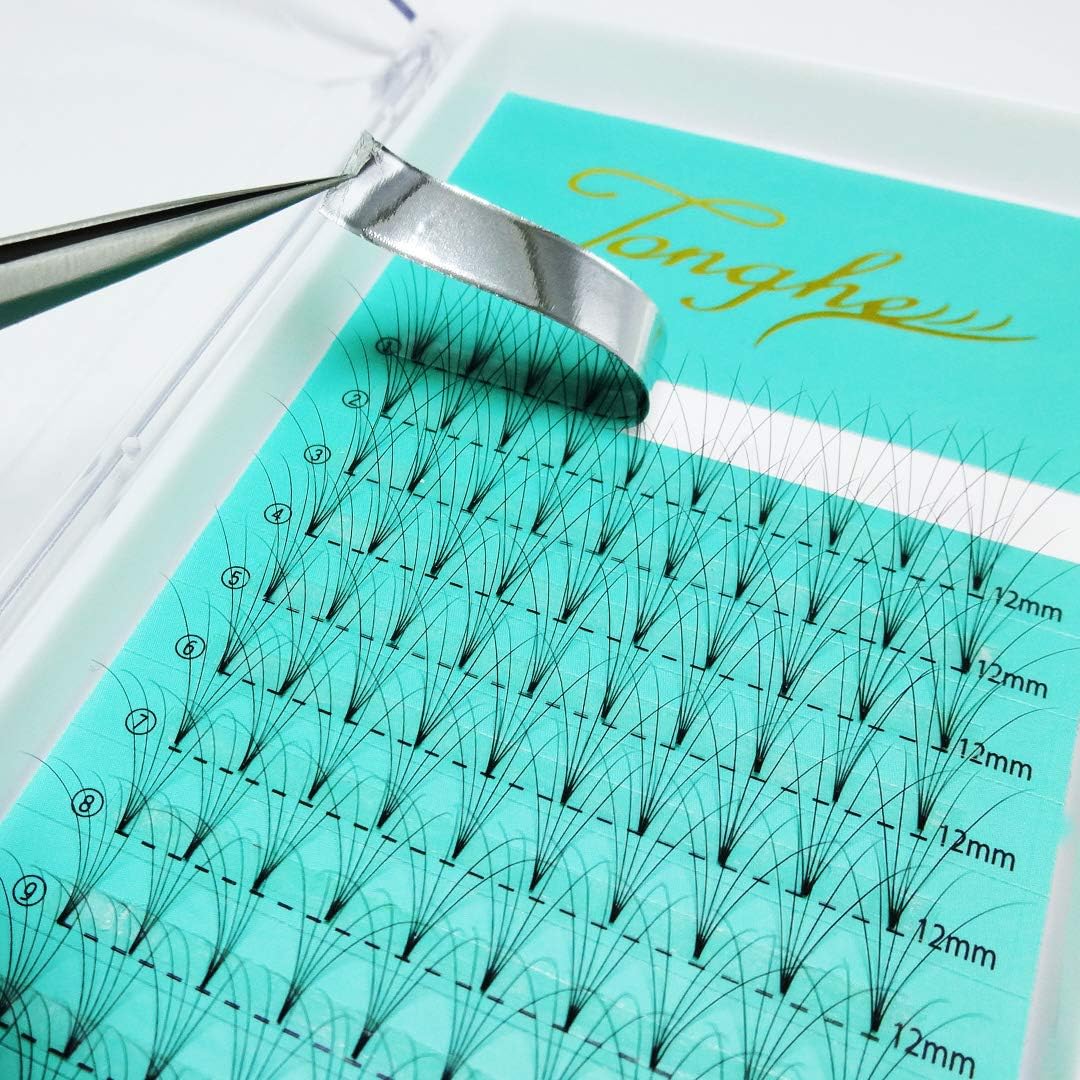 Tonghe Eyelash Extensions,5D 0.07 C Curl 12mm Russian Volume Eyelash Extensions,Short Stem Cluster Lashes Pre made Fans Lashes for Professional Salon Use Black 12 lines