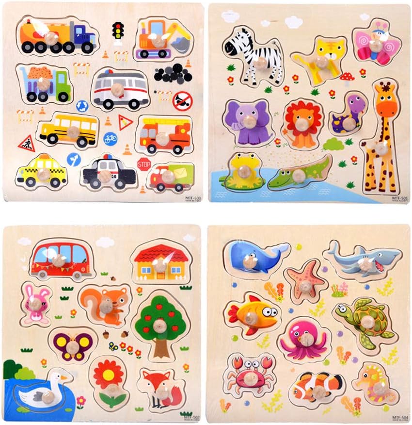 Wooden Pieces Puzzles Learning Toys - Wooden Pegged Puzzles for Toddlers 4 Puzzle Set for Kids Farm Animals, Jungle Animal, Animal，Sea Creatures Toy Grab Board for Age 3-7Years Old Children Learning
