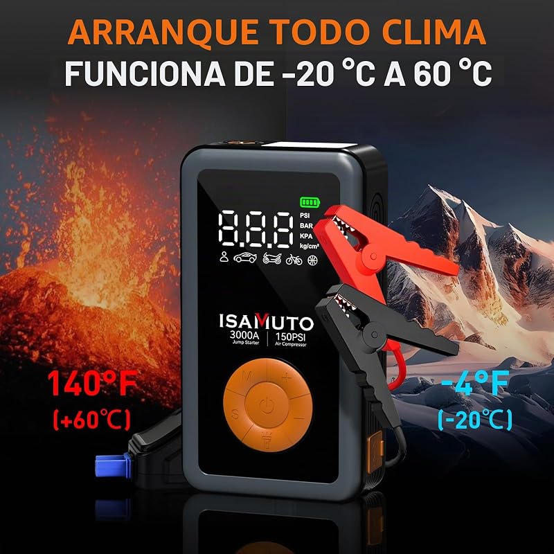Motor de arranque 3000A com compressor de ar de 150 PSI, reforço de bateria de 12V para motores a gasolina de 7.0L e diesel de 6.0L, insuflador portátil com ecrã LCD e luz LED