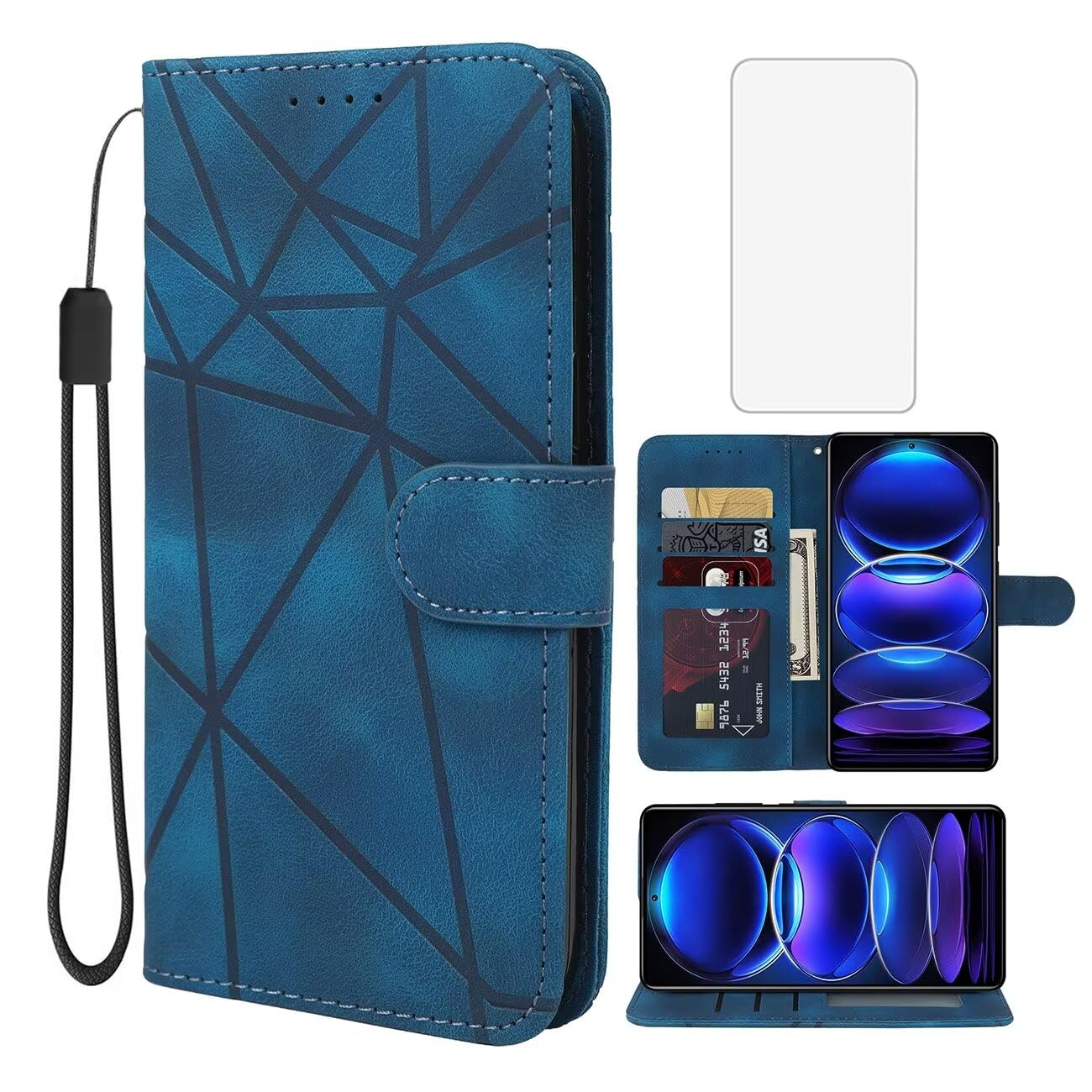 Wanyuexes Case for Redmi Note 12 Pro Plus 5G/Redmi Note 12 Explorer Wallet Case with Tempered Glass Screen Protector, Leather Flip Credit Card Holder Stand Cover for Xiaomi Redmi Note 12 Pro+ 5GBlue